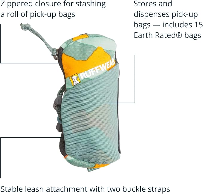 Ruffwear, Stash Bag Mini Dog Poop Bag Holder, Compact Leash Pouch with 2-Strap Attachment, Zip Pocket Fits Standard Roll, Side Slot, Grippy Starter Pad, Cinch Poop Loop, Mesh Pocket, Spring Mountains