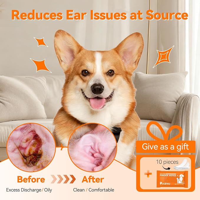 PUAINTA Dog Ear Drops with Finger Cots, Natural Dog Ear Cleaner and Infection Treatment, Quantum Silver Dog Ear Cleaning Solution for Itching, Irritation & Wax Build-Up,1oz
