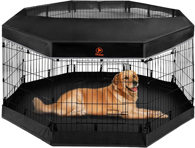 PJYuCien Octagonal Dog Playpen with Top Cover and Bottom Pad - Metal Foldable Exercise Pen, 8 Panels 30" H x 24" W Indoor Outdoor Pet Fence Puppy Crate Kennel, Black