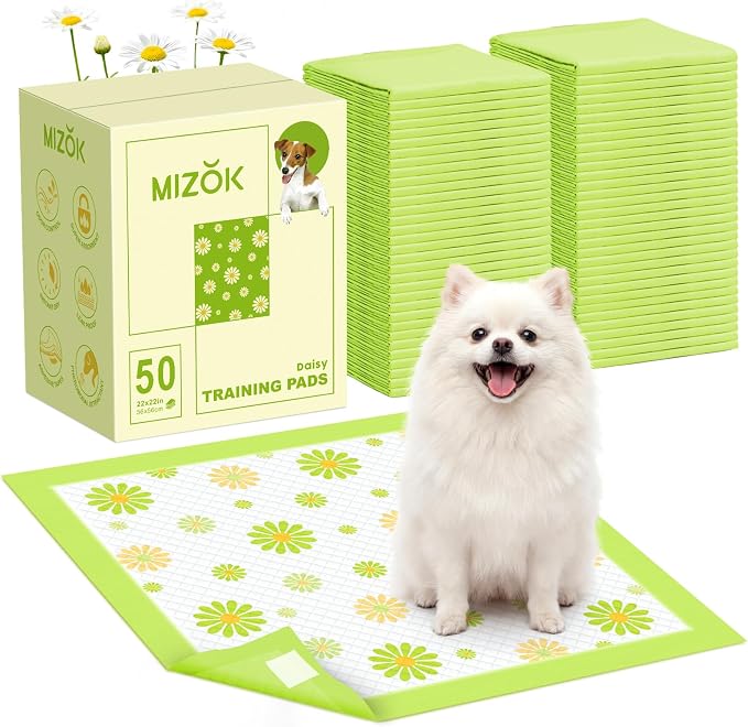 MIZOK Puppy Pads 22"x22", Dog Pee Pads 6-Layer Super Absorbent & Leak-Proof, Daisy Pattern, 4-Corner Adhesive Tabs, Wee Wee Pads for Puppies & Small Dog Breeds, Regular Size (50 Counts)