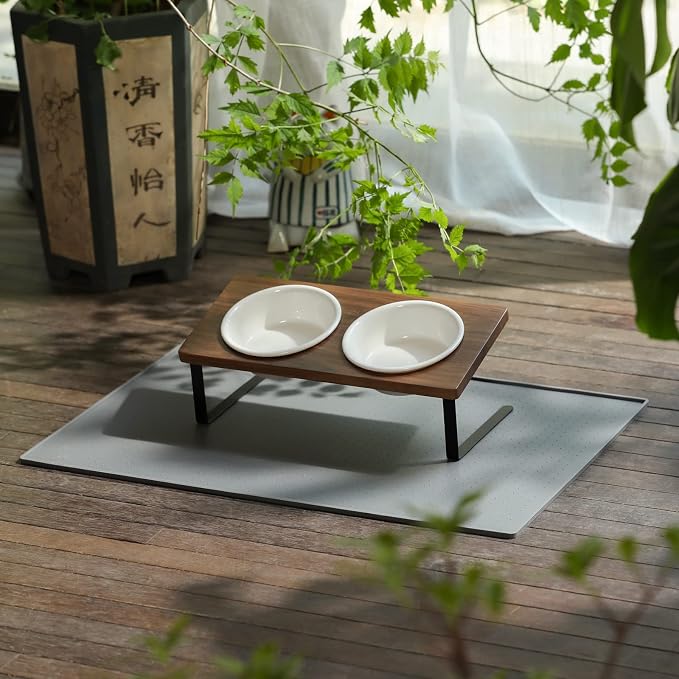 FUKUMARU Elevated Cat Ceramic Bowls, Small Dog 15° Tilted Raised Food Feeding Dishes, Solid Walnut Water Stand Feeder Set for Cats and Puppy