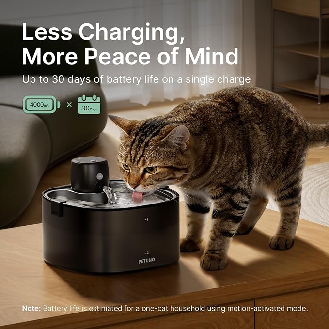 Wireless Cat Water Fountain, Cat Fountain Battery Operated 4000mAh, 78oz/2.3L Pet Water Fountain Cordless with Motion Sensor & Stainless Steel Tray, Quiet Pump & Locking Lid, with 6 Filters