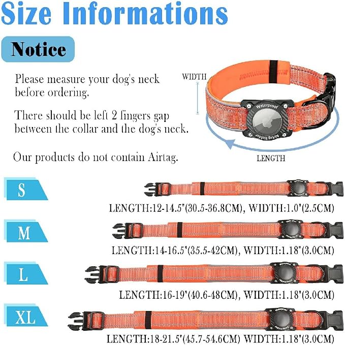 Upgrade Dog Collar with AirTag Holder, IP68 Waterproof, Orange, L | 1000D Nylon, Reflective Stitching for Night Visibility, Adjustable Soft Padded, Ultra-Durable, for Small Medium Large Dogs