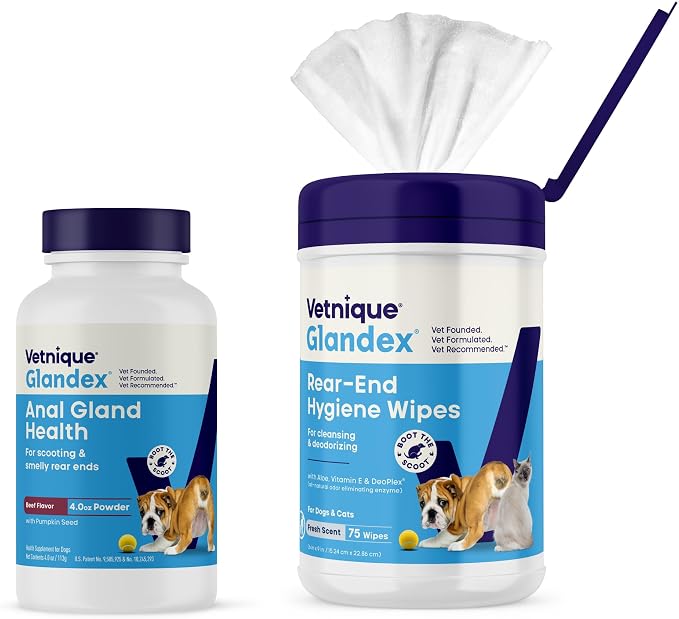 Glandex Beef Liver Anal Gland Support Powder 4oz & Glandex Anal Gland Hygienic Pet Wipes 75ct Bundle, Anal Gland Powder for Dogs with Pumpkin & Fiber, Scented Dog Cleaning Wipes for Anal Glands