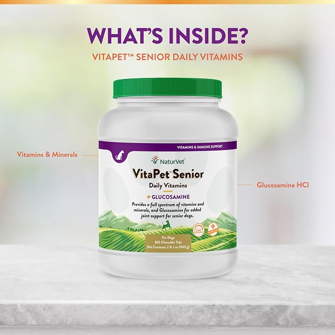NaturVet VitaPet Senior Daily Vitamin Dog Supplements - 365 Ct | Full Spectrum of Vitamins & Minerals, Enhanced with Glucosamine for Added Joint Support, 365 Time Release Tablets