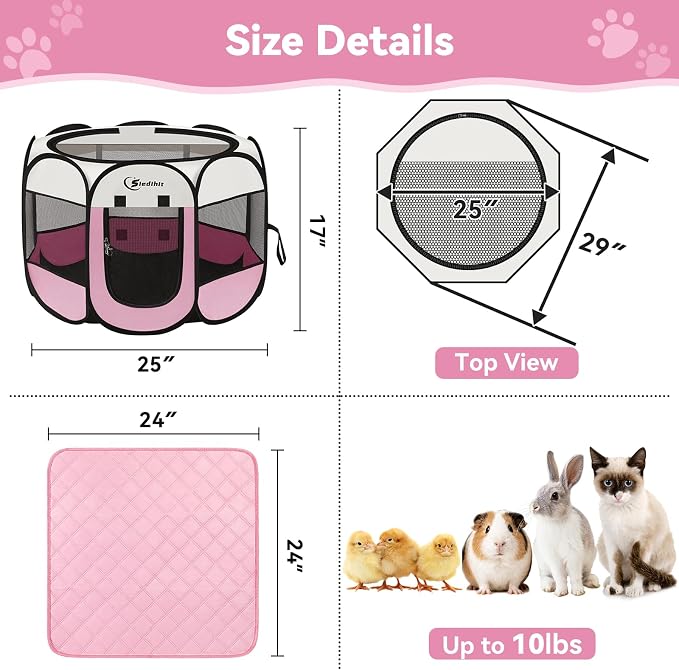 Siedihit Dog Cat Playpen, Puppy Pet Playpen Indoor for Small Dog Crate Tent Cage Outdoor, Portable Pop Up Dogs Enclosure Kennel with Carrying Case for Dogs/Cats/Rabbits(Pink, Small with pad)