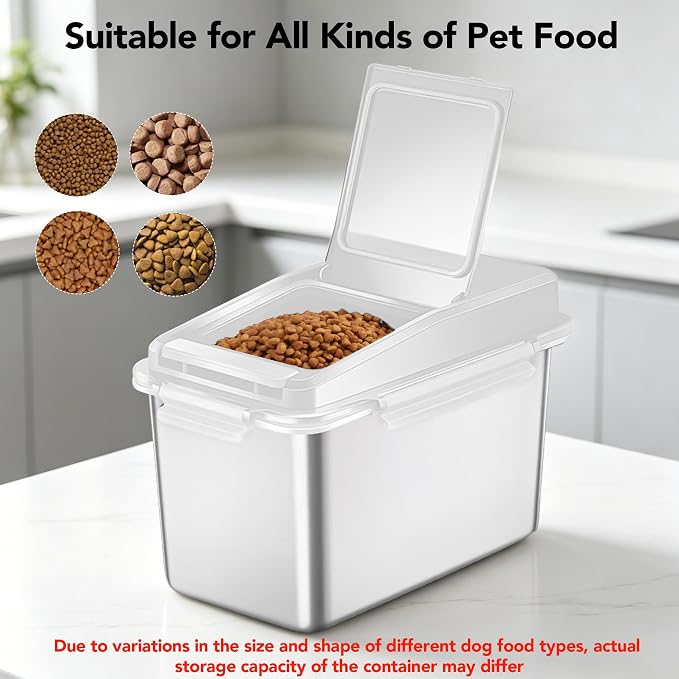 Newget 11 lb Stainless Steel Dog Food Storage Container with Scoop, 11 lb, Stainless Steel, White