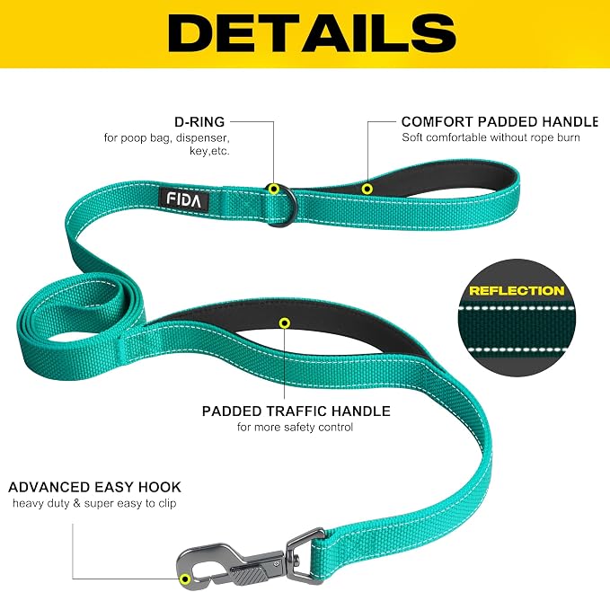 Fida 5 FT Heavy Duty Dog Leash with 2 Comfortable Padded Handles, Traffic Handle & Advanced Easy Snap Hook, Reflective Walking Lead for Large, Medium & Small Breed Dogs, Teal
