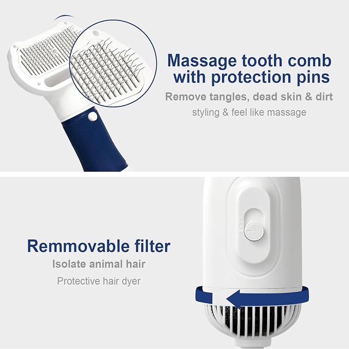 3-in-1 Dog Hair Dryer with Slicker Brush for Small and Medium-Sized Dogs and Cats Pet Hair Dryer Dog Blow Dryer Portable Overheat Protection Adjustable Temperature