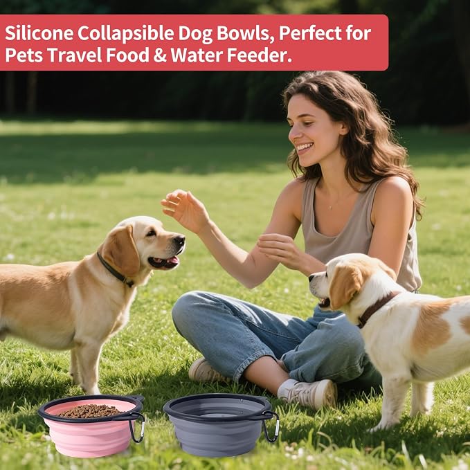 2-Pack Silicone Collapsible Dog Bowl, Ear Shape, 25oz, Pink and Grey