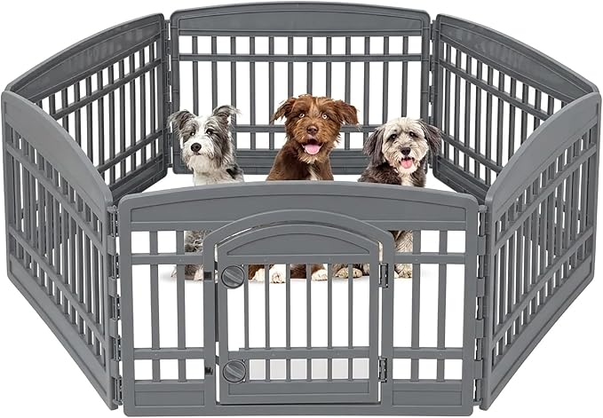 IRIS USA 24" Dog Playpen 6-Panel Pet Exercise Pen with Door Gate 61x61x24 Puppy Play Pen Indoor Outdoor Plastic Heavy Duty Foldable Portable Pet Fence for Small Medium Dogs Puppies Multiple Pets Gray