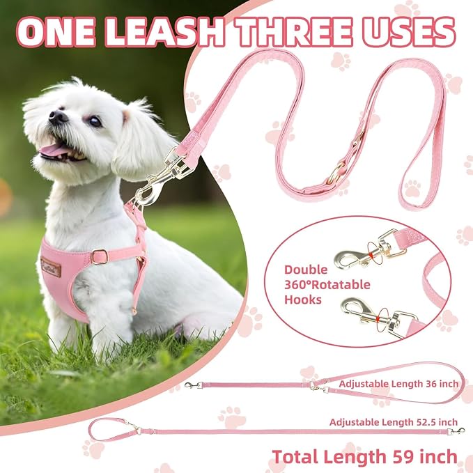 PUPTECK Dog Harness and Leash Set Small Sized, Lightweight Step-in Puppy Harness, Escape Proof No Pull Cute Pet Vest Harnesses, Pink M