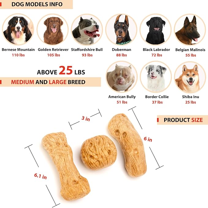 Willjoy 3-Pack Dog Toys for Aggressive Chewers, Chew Toys for Aggressive Chewers, Pine Wood & Nylon, Bacon Flavor Aggressive Chew Toys for Large Dogs, Long Lasting Dog Chews Alternative to Real Sticks