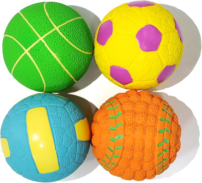 Squeaky Dog Balls, Interactive Funny Puppy Chew Toys for Fetch Play to Keep Them Busy, Latex Rubber Pet Tennis Soccer Ball Toy Bundle (4 Pack) for Medium Breed Dogs