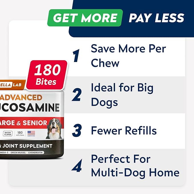 STRELLALAB Senior Advanced Glucosamine Joint Supplement for Dogs - Green Lipped Mussel & Collagen - Large Breeds - Hip & Joint Health - Bacon Flavor - 180 Chews