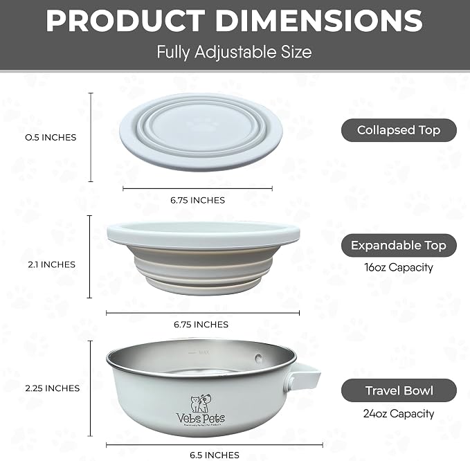 Vebs Pets Stainless Steel Dog Bowl with Collapsible Lid, Vaporous Grey