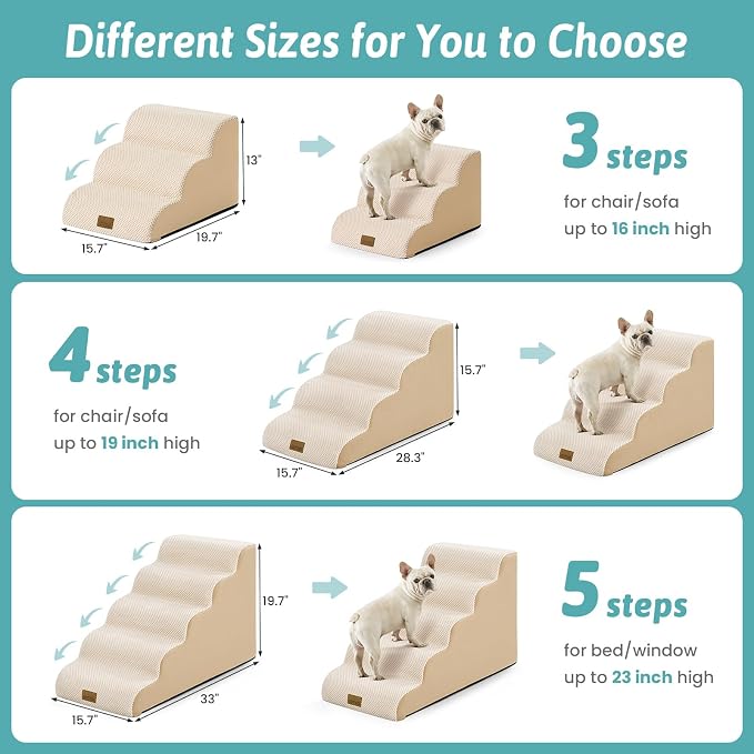 COZY KISS Dog Stairs for Small Dogs, 3 Step Pet Stairs for Beds & Couches | 13" H Curved Non-Slip Foam Dog Steps with Washable Cover for Puppies, Older Cats & Small Dogs, 15.7x19.7x13 in, Beige
