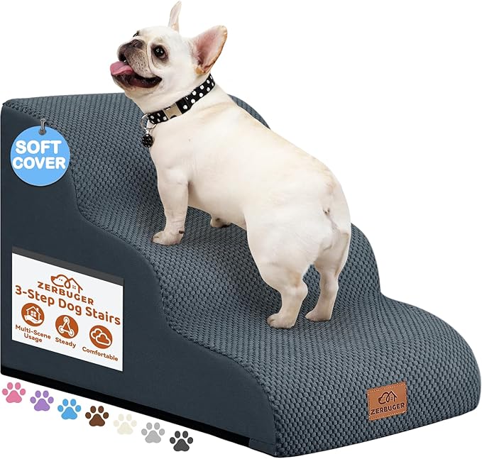 Zerbuger Dog Ramp and Stair for Bed 16" H-20 H,3-Step Cat Stair for Sofa and Chair,4-Step Dog Ramp for High Bed and Window,Durable Nonslip Fabric Cover for Indoor (Dark Grey-16 H, Pet Friendly, 3)