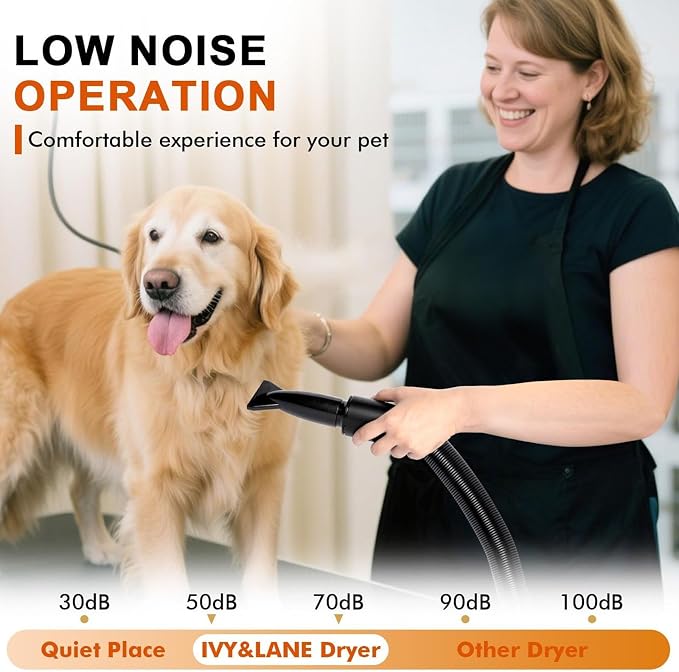Dog Hair Dryer for Pet Grooming, High-Velocity Blow Dryer, Adjustable Speed and Temperature, Noise Reduction, 5 Nozzles for Efficient Drying