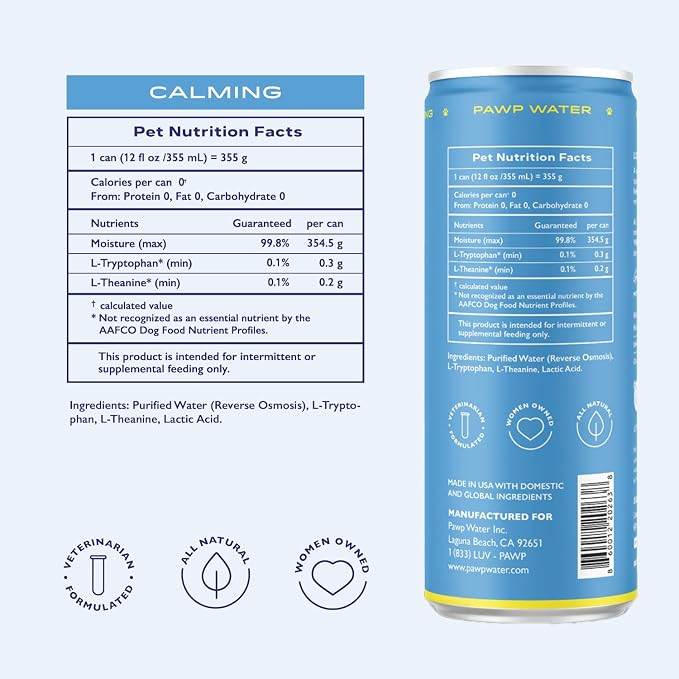 Calming Hydration for Dogs by PAWP WATER, L-Theanine, L-Tryptophan, 12 oz