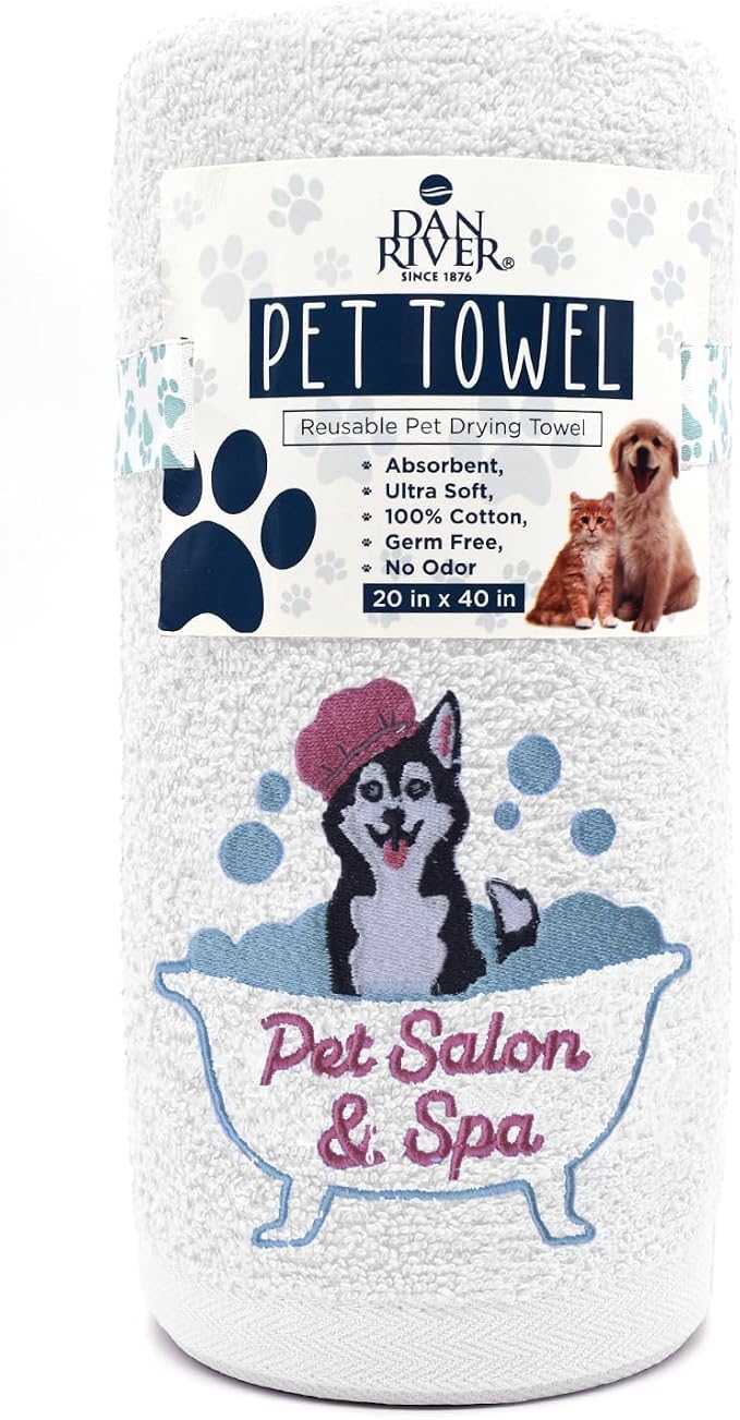 DAN RIVER Dog Towel - Pack of 1, 100% Cotton, 20x40, Ultra Soft 450 GSM, Super Absorbent & Quick Drying Towel for Dogs, Cats, and Other Pets, White Pet.