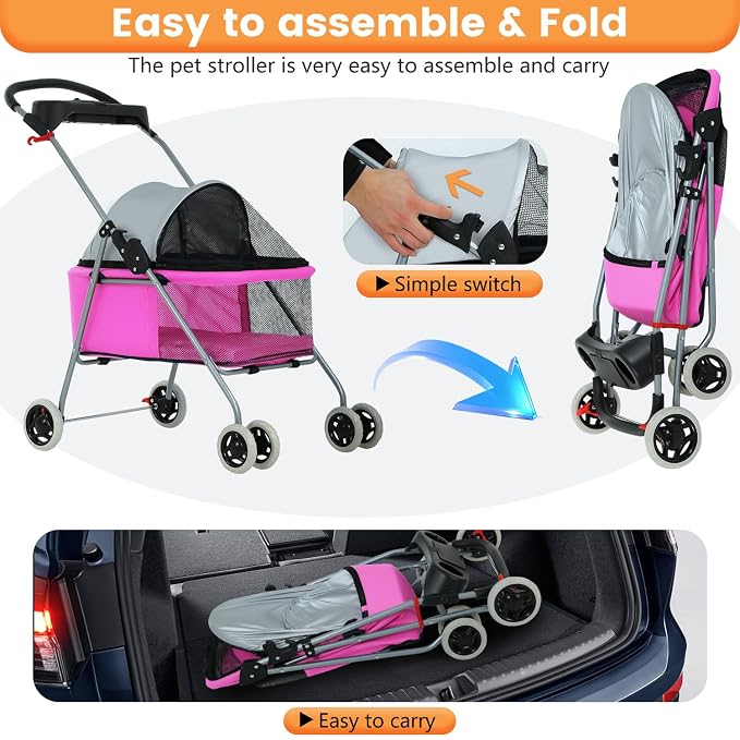 BestPet 4-Wheel Foldable Pet Stroller - Pink, up to 33lbs