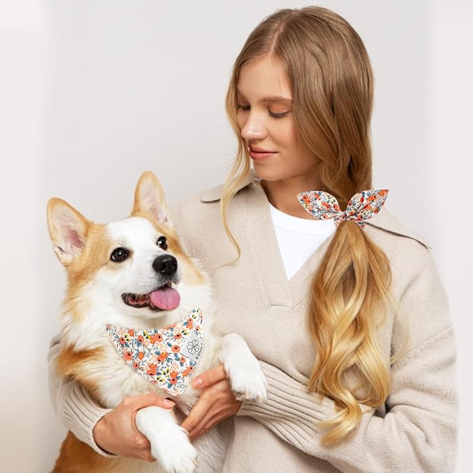 E-Clover Dog Bandanas Girl Matching Dog Bandana and Scrunchie Medium Large, Large-set of 1, Medium