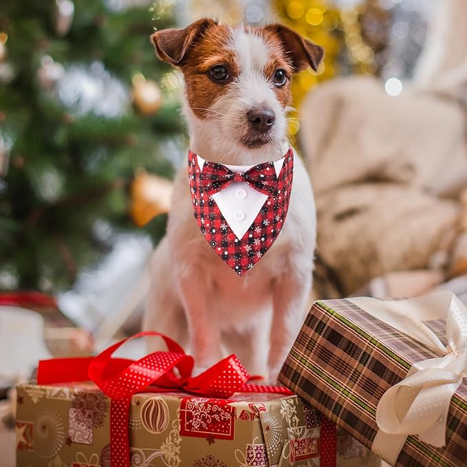 Adjustable Red Plaid Christmas Dog Tuxedo Bandana with Bow Tie, X-Large, XS, Red