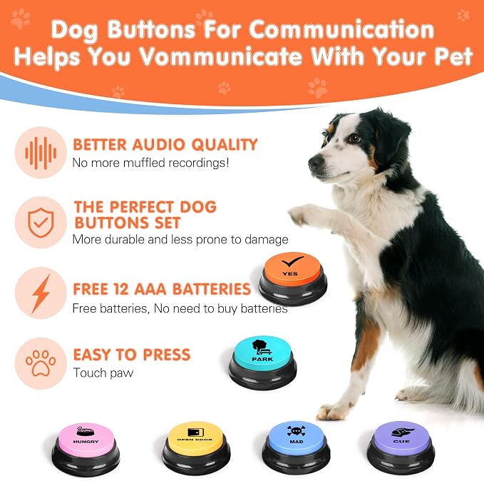 Dog Buttons for Communication, 6 Recordable Buttons, with Mat & Batteries
