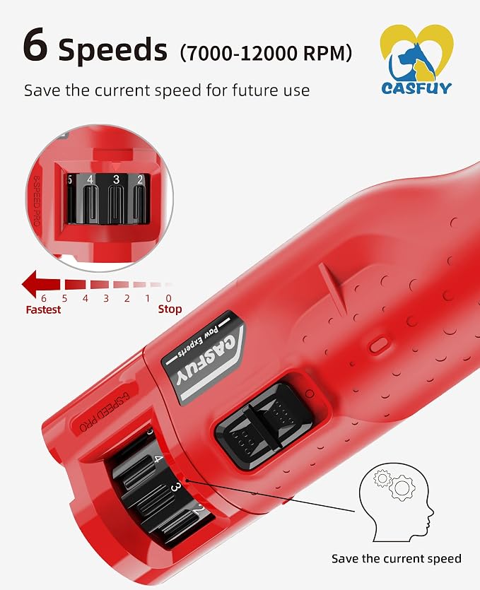 Casfuy 6-Speed Dog Nail Grinder with 2 LED Lights - Red