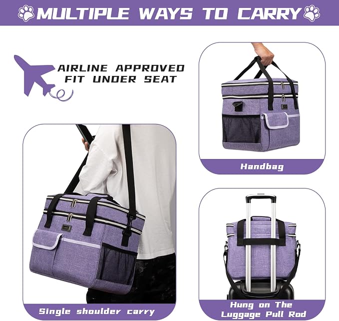 BAGLHER Dog Travel Bag, Double-Layer, with Food Containers & Bowls, Purple