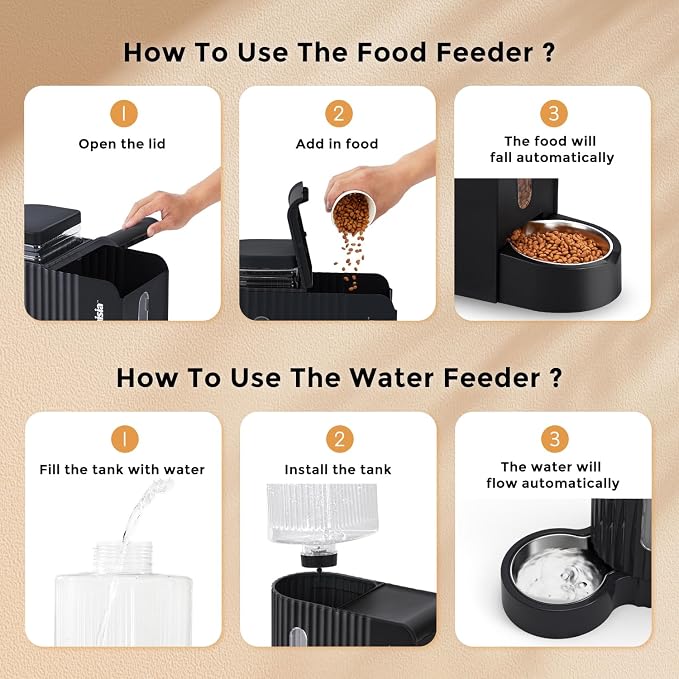 ZOMISIA Gravity Cat Food and Water Dispenser Set with 304 Stainless Steel Bowls, 2 in 1 Automatic Cat Feeder with 180 Degree Rotatable Water Bowl, Large Capacity for Puppy Kitten Rabbits, Grey