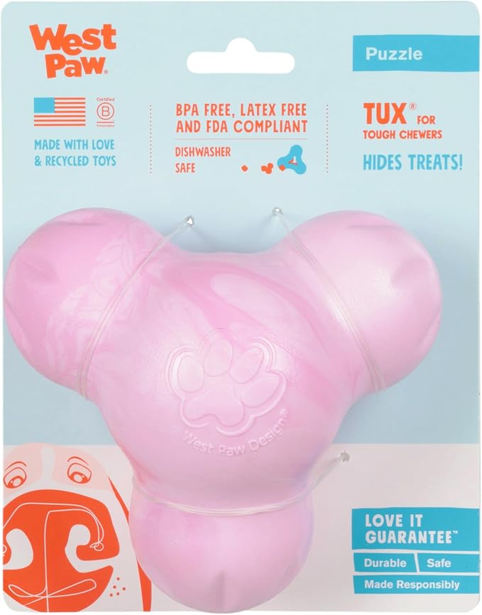 WEST PAW Zogoflex Tux Treat Dispensing Puppy Chew Toy – Interactive Chewing Toy for Puppies – Puppy Games for Aggressive Chewers, Fetch, Catch – Holds Kibble, Treats, Large 5", Bubblegum Swirl