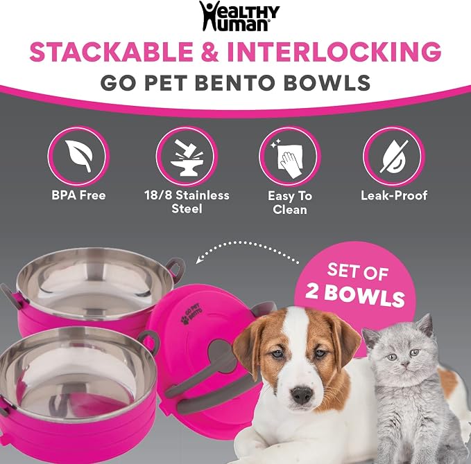 Healthy Human Travel Pet Bento Bowls, 2 Pack, Pink