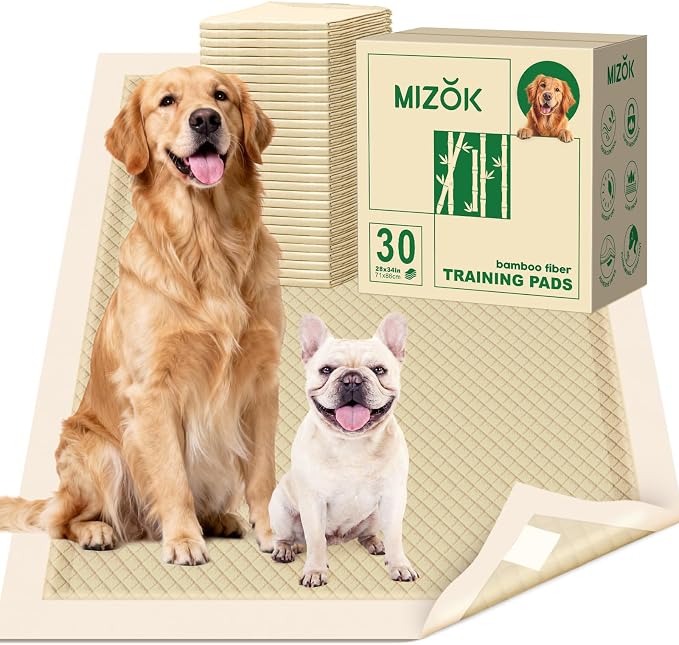 MIZOK Dog Pee Pads Extra Large 28"x34", Bamboo Puppy Pads Super Absorbent & Leak-Proof, 4-Corner Adhesive Tabs, Wee Wee Pads for Dogs, Superior Odor Protection, XL (30 Counts)