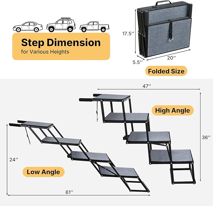 Veehoo Collapsible Dog Stairs for Large Dogs Extra Wide, 4 Steps Folding Dog Steps for Car Truck SUV 20" Wide, Heavy Duty Pet Loader Ramp Ladder Portable with Non Slip Surface, Support up to 200lbs