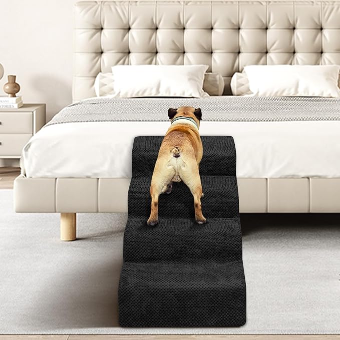 Dog Stairs for Small Dogs - High Density Foam Pet Steps, Extra Wide Dog Ramp with Non-Slip Bottom for High Beds, Couch and Sofa, Best for Dogs Injured, Older Doggy Cats, 4 Steps, Black