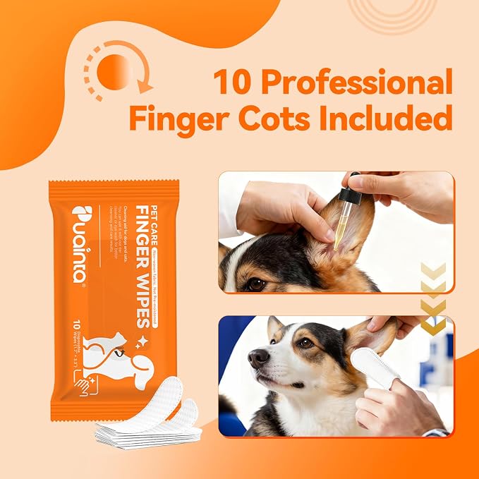 PUAINTA Dog Ear Drops with Finger Cots, Natural Dog Ear Cleaner and Infection Treatment, Quantum Silver Dog Ear Cleaning Solution for Itching, Irritation & Wax Build-Up,1oz