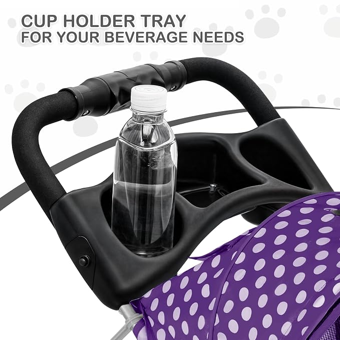 MoNiBloom Foldable Pet Stroller - Purple Polka Dots, 3 Wheels