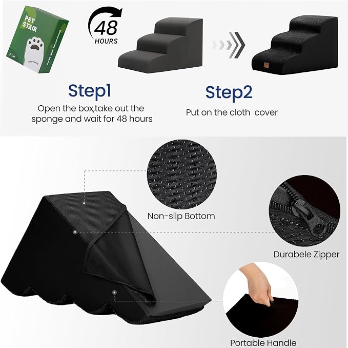 GoGoBunny Waterproof High Density Foam Curved Dog Stairs for High Beds Couches 19.7" H, 4-Step Ramp Dog Steps Friendly to Small Medium Dogs or Pets Joints, Non-Slip Balanced Durable Pet Step, Black