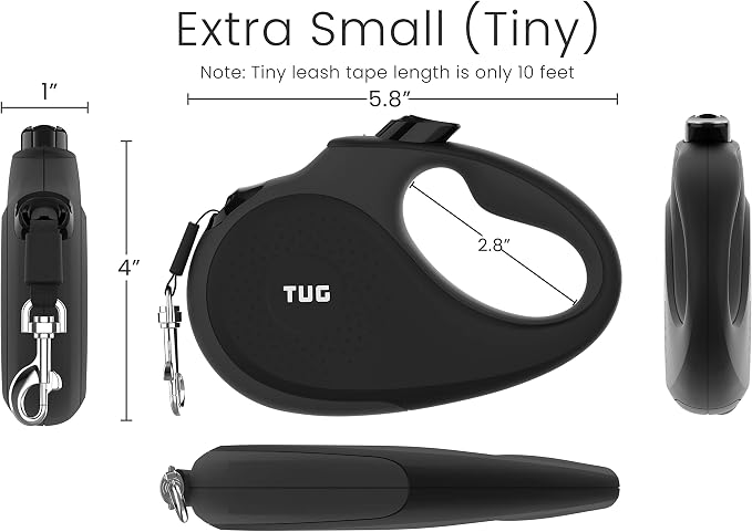 TUG Tiny Retractable Dog Leash, 10 ft (Extra Small, Black/Grey) | 360° Tangle-Free Retraction, 10 ft Tape, Quick Thumb Lock, Anti-Slip Handle, For Pets Under 26 lbs