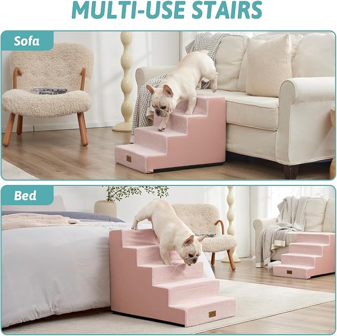 COZY KISS Dog Stairs for Small Dogs, 5 Step Pet Stairs for Beds & Couches | 23.6" H Wider Non-Slip Dog Steps for Bed, Ideal for Puppies, Senior Cats, and Small to Medium Dogs, 19.7x29.5x23.6 in, Pink