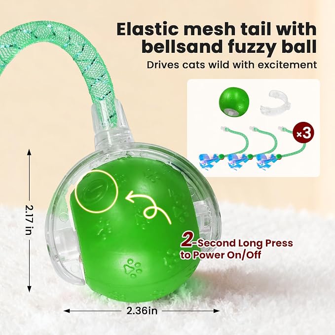 Rocfish Durable Interactive Cat Toys for Indoor Cats (Green, 03) | Smart Automatic Cat Chase Ball Toy, Upgraded Speedy Tail Kitten Toy for Bored Indoor Adult Pets