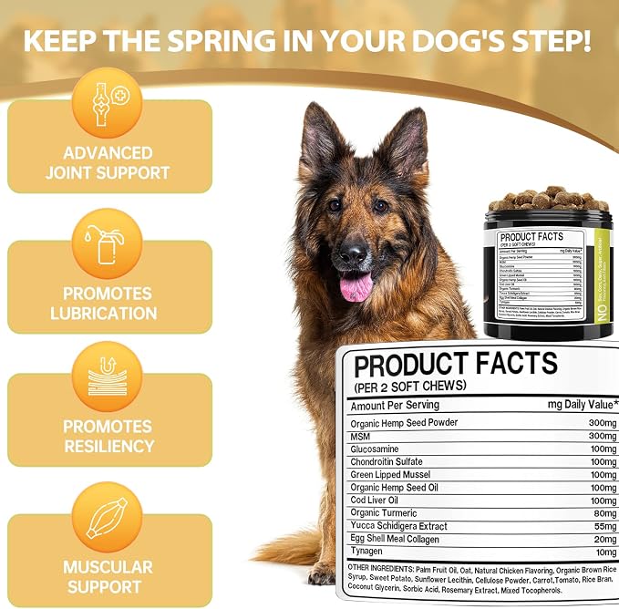 Hemp Hip and Joint Supplement for Dogs - Glucosamine for Dogs - Chondroitin, Hemp Oil, MSM & Turmeric - Support Joint Mobility, Joint Pain Relief, Hip Dysplasia, Arthritis Health Care - 120 Chews