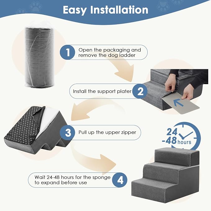 DUMOS Dog Stairs for Small and Medium Dogs, 3-Step Pet Steps with High-Density Foam, Indoor Non-Slip Pet Ramp for Puppy and Older Dogs Cats, Dog Bed Stairs for Couch and Sofa, Grey