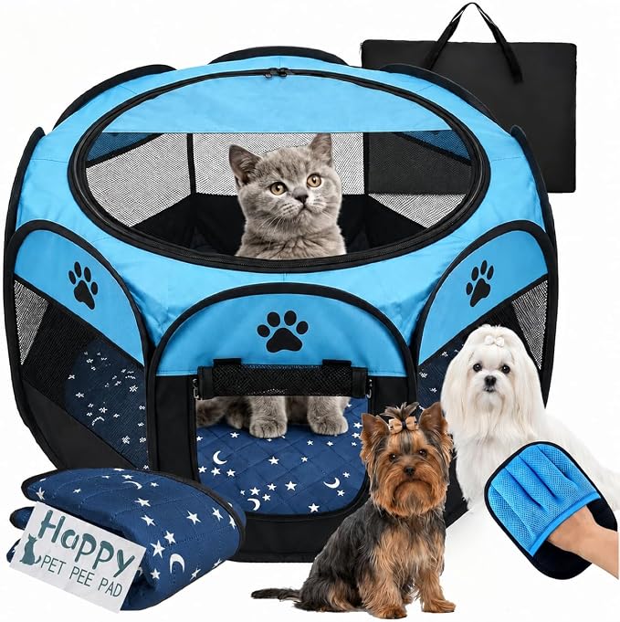 3-in-1 Cat Playpen for Indoor Cats Enclosed with Washable Pad & Glove, Portable Pop Up Dog Playpen, Foldable Pet Tent Crate Delivery Whelping Pen for Kitten, Puppy, Rabbit, Small Animals