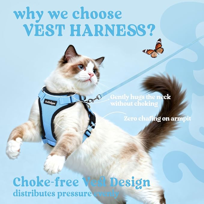 rabbitgoo Cat Harness and Leash Set, Escape Proof Vest, Light Blue | Soft Breathable Mesh, Easy Adjustable Fit, Snap Buckles, Sturdy Clip, Reflective Strips, for Average Cats Walks, S