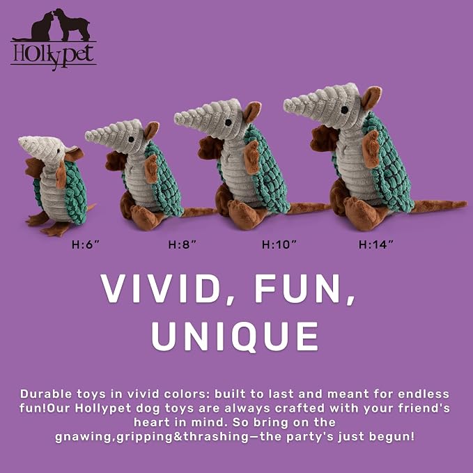 Hollypet Armadillo Squeaky Puppy Dog Toys for Small Medium Dogs, 8" | plush stuffed small dog squeak animal toy with unique grunt squeaker textured fabric for teeth cleaning toys