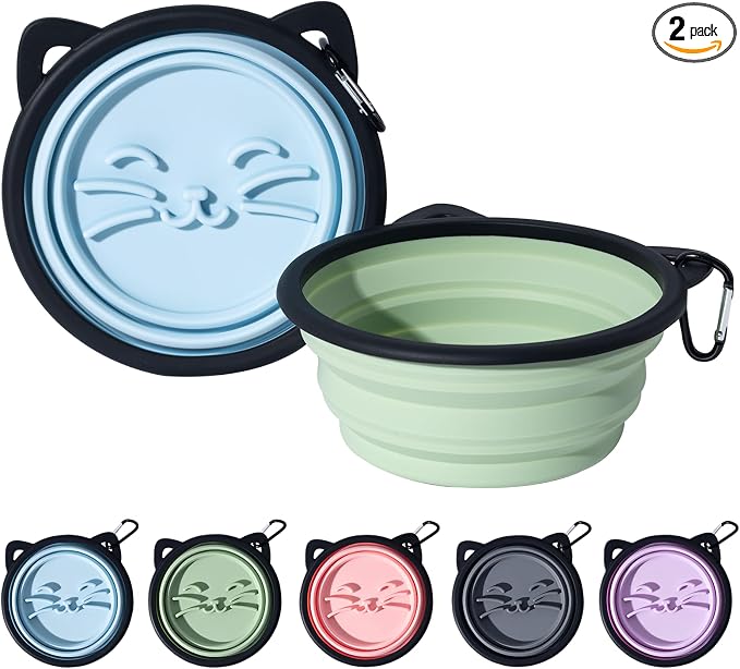 2-Pack Silicone Collapsible Dog Bowl, Ear Shape, 25oz, Light Blue and Green