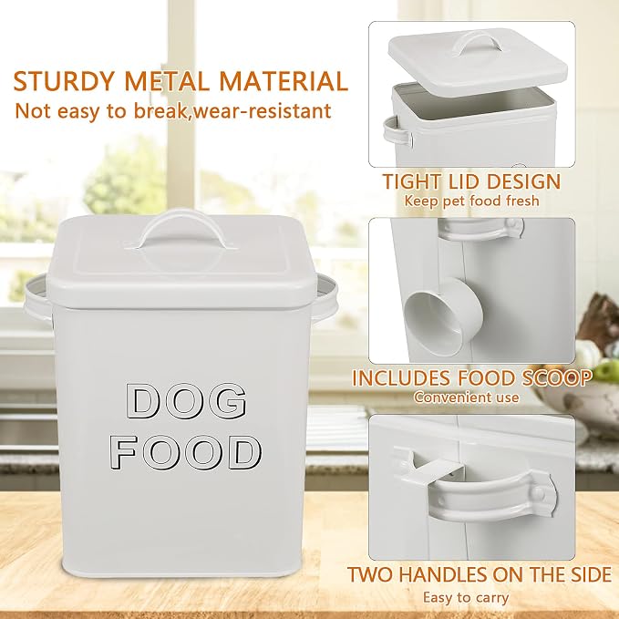 Pethiy airtight Dog Treat container bin and DOG Food Storage Tin with Lid With, 5 lbs, Carbon Steel, White